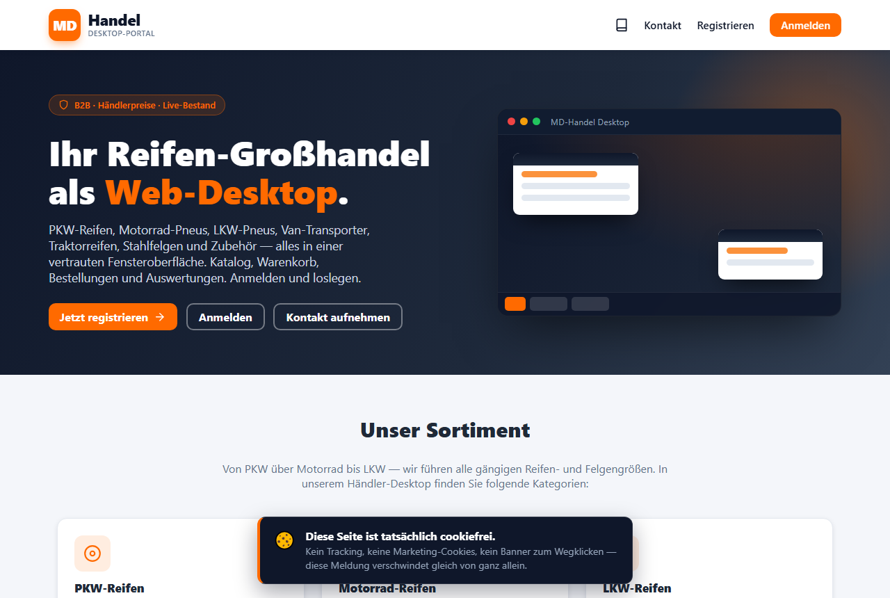 Startseite des MD-Handel Händlershops — Reifen-Großhandel als Web-Desktop